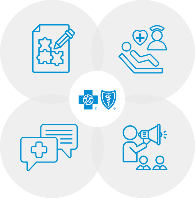 Icons of puzzle pieces on paper, patient and nurse, two comment bubbles, and person talking into a megaphone with the blue cross blue shield logo in the middle